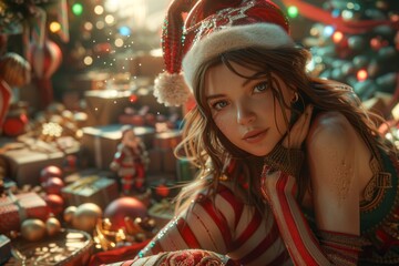 A charming young woman in an elf costume with striped tights and pointy shoes, joyfully wrapping gifts in Santa's workshop, surrounded by festive toys and Christmas decorations