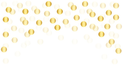 Gold confetti circles scattered on a white background. Abstract festive bokeh lights decoration for design and print.