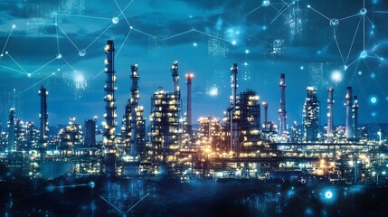 Naklejka premium Nighttime Industrial Complex with Interconnected Network of Lights
