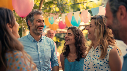 A group of coworkers laughing together during a casual outdoor office party, with balloons and banners in the background.