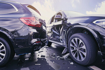 Fototapeta premium Collision of two vehicles involved in major accident on city road with damage
