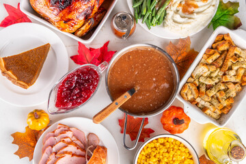 Thanksgiving dinner or lunch foods table