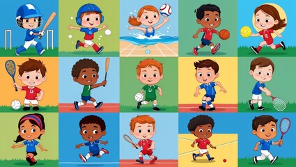 Cartoon children playing various sports activities