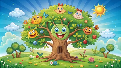 Colorful cartoon illustration of a happy little tree with a smile and eyes, surrounded by vibrant green leaves