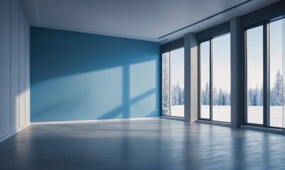 Fototapeta premium A large, empty room with a blue wall and several windows overlooking a snow-covered landscape