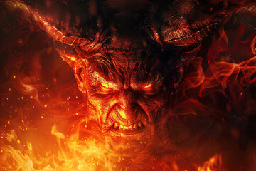 Scary sinister devil is in hell with bright fire lighting on the background