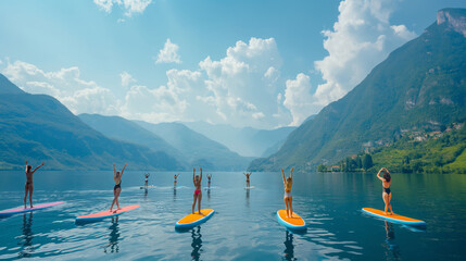Group practicing yoga on SUP boards on the lake. Meditation on water.