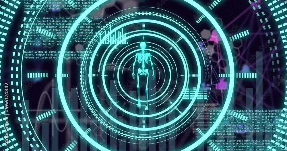 Poster animation of scientific data processing and skeleton over dark background