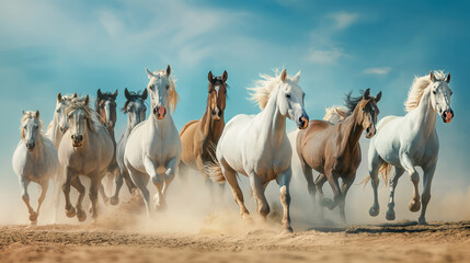 A herd of wild horses gallops through the desert. A horse runs through the sand, leaving behind a dust storm.