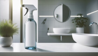 Modern bathroom setting featuring a spray bottle, ideal for cleaning solutions and home maintenance.