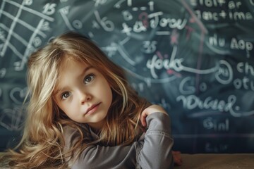beautiful cute little girl with math formulas and problems