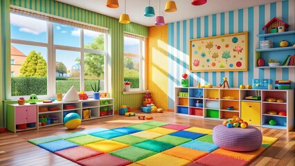 A Bright and Colorful Playroom Filled with Engaging Toys for Children&rsquo;s Playtime and Learning Activities