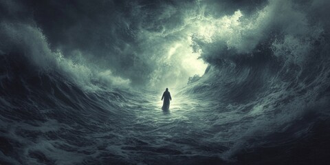Abstract Jesus Walking on Stormy Sea: Miracle of Faith and Hope. Illuminated Religious Figure Amidst Turbulent Waves for Christian Cultural Marketing, 4K Wallpapers, and Inspirational Campaigns.