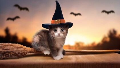 Adorable kitten in a witch hat sits on a broomstick with a sunset background and flying bats, perfect for Halloween themes.