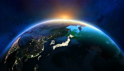 Photorealistic 3D Render of Earth from Space with Detailed View of Japan and Asia, Stars and Galaxies, Night Lights, Global Concept, High Resolution Planetary Image