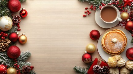 Christmas brunch with sweet pastries, pancakes, and hot cocoa, cozy and festive dining table surrounded by holiday ornaments and decorations