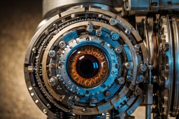 Obraz premium 3D rendering of a machine eye with technology-related elements