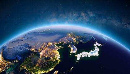 Photorealistic 3D Render of Earth from Space with Detailed View of Japan and Asia, Stars and Galaxies, Night Lights, Global Concept, High Resolution Planetary Image