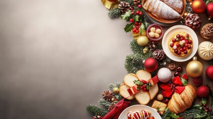 Christmas dinner table filled with traditional foods and a variety of festive sweets, surrounded by family laughter and joy, cozy holiday home scene