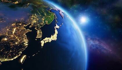 Photorealistic 3D Render of Earth from Space with Detailed View of Japan and Asia, Stars and Galaxies, Night Lights, Global Concept, High Resolution Planetary Image