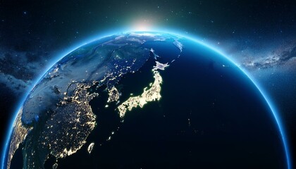 Photorealistic 3D Render of Earth from Space with Detailed View of Japan and Asia, Stars and Galaxies, Night Lights, Global Concept, High Resolution Planetary Image