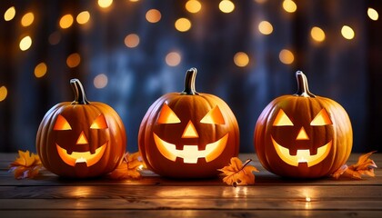 Pumpkin Festivity Three Halloween Pumpkins with Flickering Lantern Lights on Wooden Table