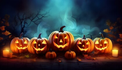 Obraz premium Pumpkin Trio Glowing Jack O Lanterns on a Smokey Dark Background