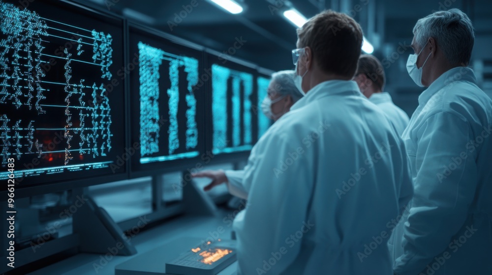 Aufkleber team of scientists discussing genetic data displayed on transparent holographic screens in a futuris