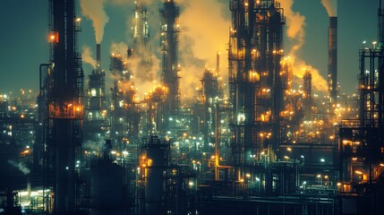 Industrial Complex at Night with Smoke and Lights