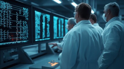 Team of scientists discussing genetic data displayed on transparent holographic screens in a futuristic lab random add