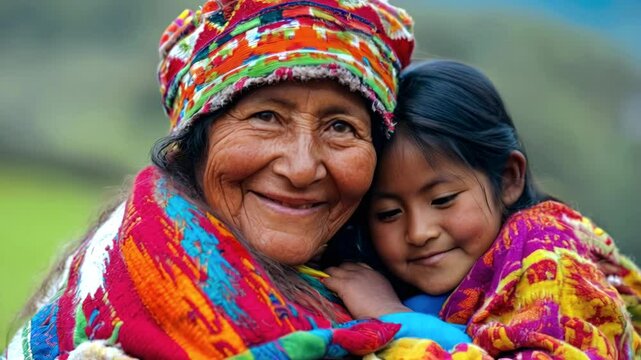 Smiling native indigenous people of Peru and South America, dressed in colorful native clothes