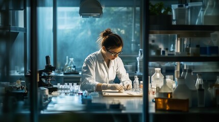 Fototapeta premium Young scientist conducts research in a modern lab using various instruments and materials during daylight hours
