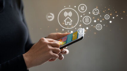 Young Woman in Black Controlling Smart Home with Smartphone - Modern Tech Lifestyle and Smart Home Automation Concept