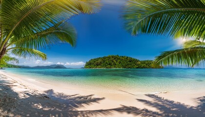 Serene Sunny Tropical Beach with Palm Leaves Framing Paradise Island at Daytime - Perfect Vacation Destination for Relaxation and Tranquility