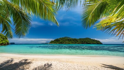 Serene Sunny Tropical Beach with Palm Leaves Framing Paradise Island at Daytime - Perfect Vacation Destination for Relaxation and Tranquility