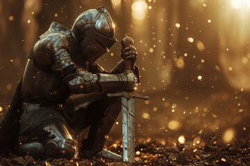 Fototapeta premium A fantastic royal knight in armor guards the castle chambers