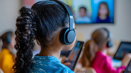 Learning online can be an engaging experience for children, as seen in this image of girl wearing headphones, focused on her tablet while participating in virtual class