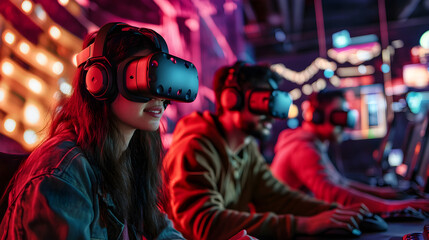 Obraz premium Immersed in vibrant virtual reality experience, young woman wears VR headset alongside two others in lively gaming environment. colorful lights enhance excitement of moment