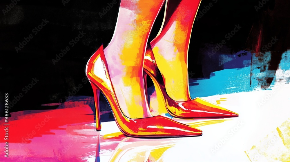 Poster stylish high heels on a vibrant floor with colorful lighting at an evening event creating a glamorou