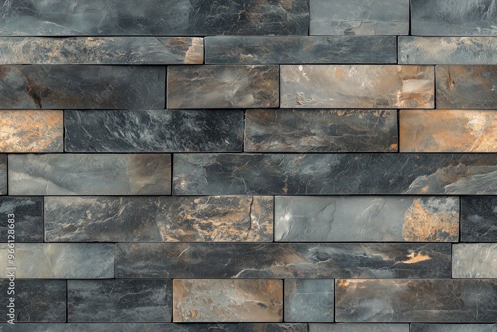 Poster a textured artesia stone cladding wall made of rectangular slate tiles in varying shades of gray and