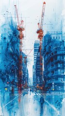 Obraz premium Abstract blueprint construction site with numerous cranes, buildings, and people working on it. Blue background. High-resolution photography, professional color grading, soft shadows, low contrast, an