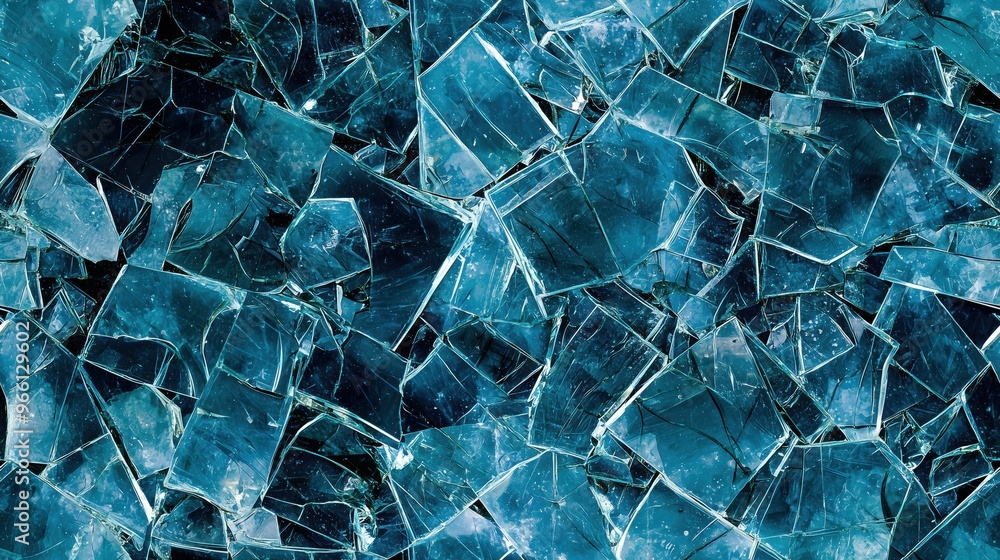 Poster shattered glass pieces, showcasing sharp edges and varying shades of blue and clear glass. the fragm