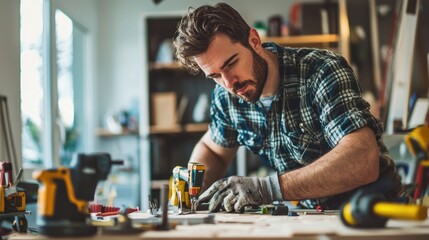 Skilled Man Engaged in DIY Home Improvement Project with Tools
