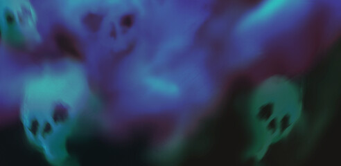 Halloween Têtes de Morts fantômes horror Bannière , mist skulls ghost blue . Halloween thème . Illustration Fantômes. 