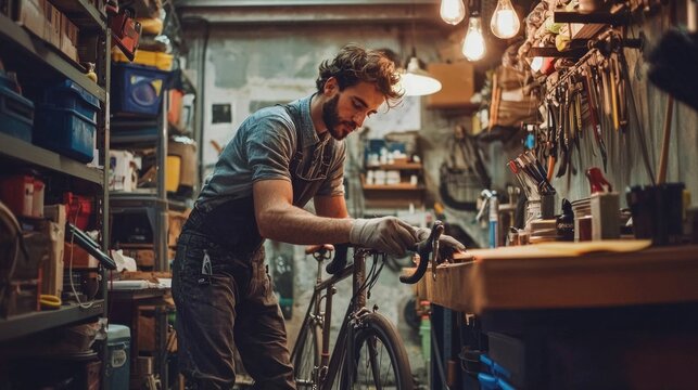 Mechanic man repairing a bicycle in a well-lit garage workshop