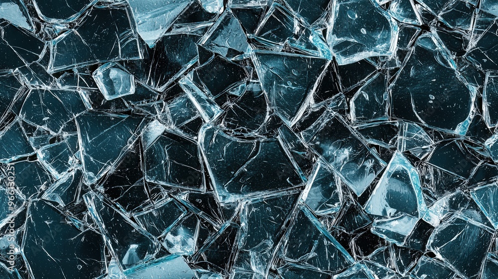 Poster shattered glass pieces, showcasing sharp edges and reflective surfaces. the glass fragments are scat