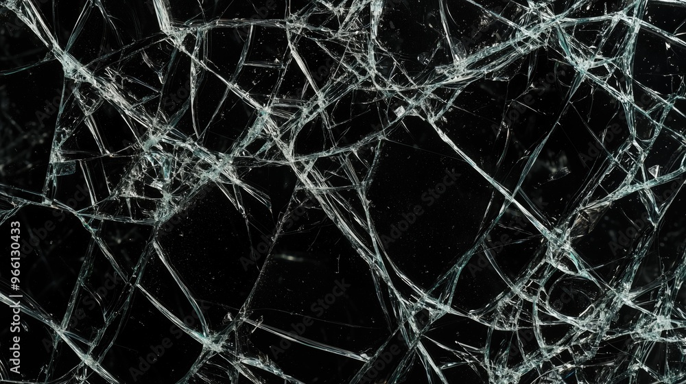 Poster shattered glass with intricate cracks and a dark background, showcasing the fragility and complexity