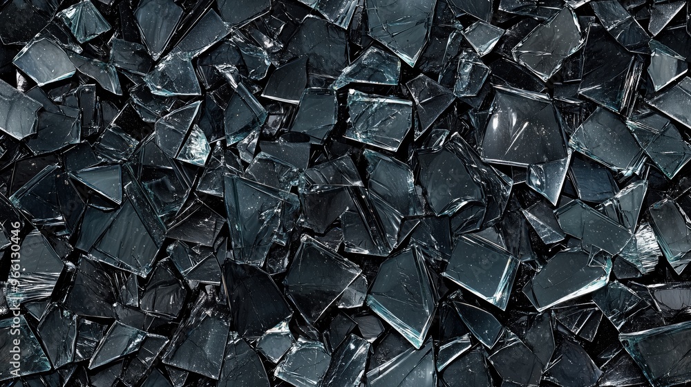 Poster shattered glass pieces, displaying sharp edges and reflective surfaces. the glass shards are arrange