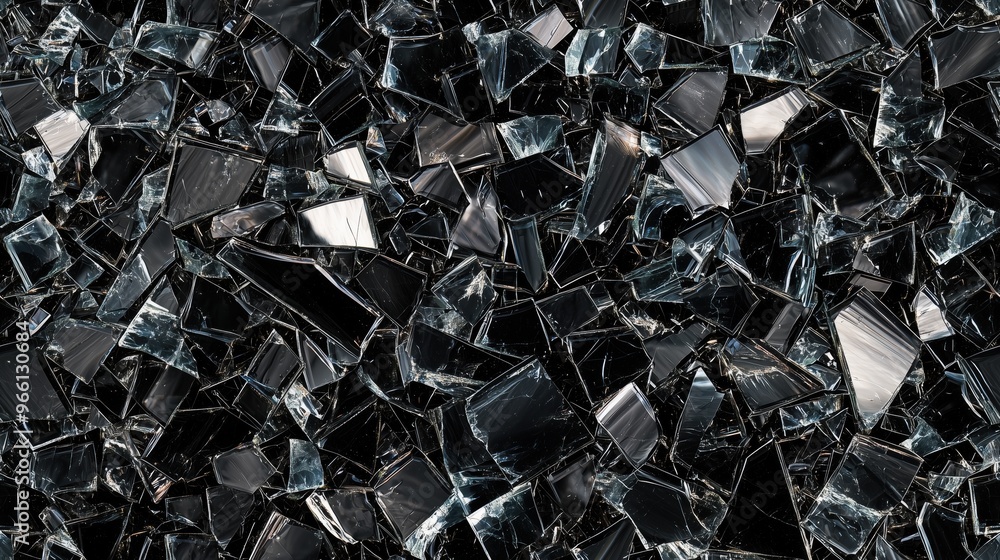 Poster shattered black glass pieces scattered randomly, reflecting light in various angles, creating a text
