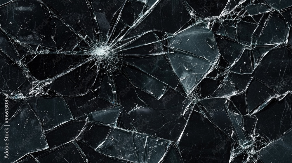 Poster shattered glass with intricate cracks and sharp edges, creating a chaotic pattern against a dark bac